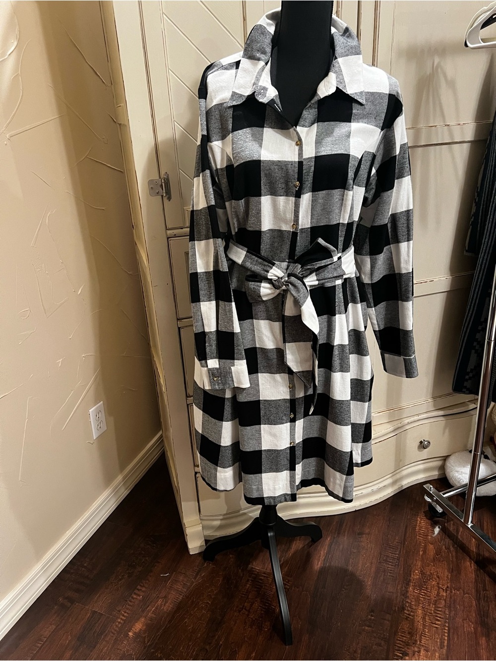 Black & White Plaid Shirt Dress with Tie Waist
